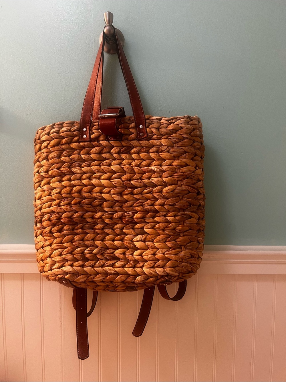 Handwoven Straw Backpack with Brown Faux Leather Straps